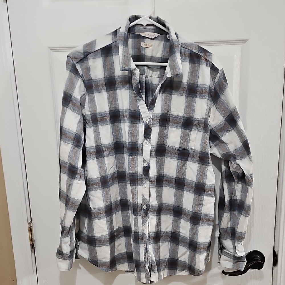 Women's Plaid Button Down Shirt - Blue, Brown and White
